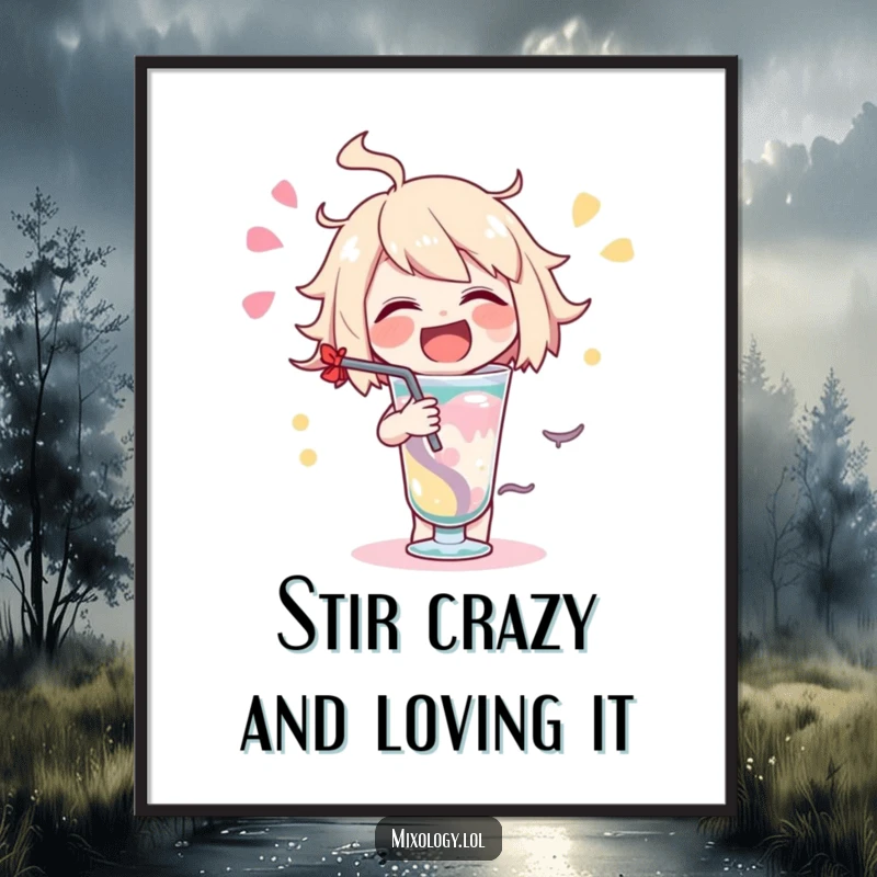 Funny Free Printable Wall Art: Character joyfully swirling a drink with exaggerated motion, adding a festive touch.