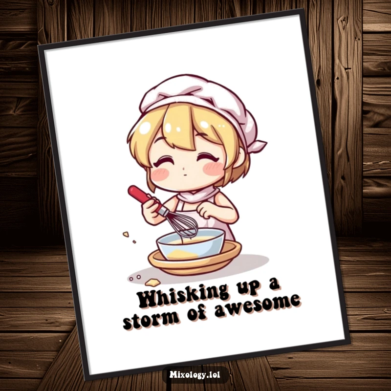 Funny Free Printable wall art of a character busily mixing ingredients with a small whisk, looking focused. Humorous downloadable decor.