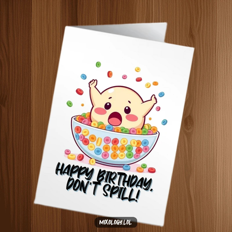 Funny Free Printable Birthday Card: A surprised blob mascot takes a big dive headfirst into a bowl of colorful cereal.