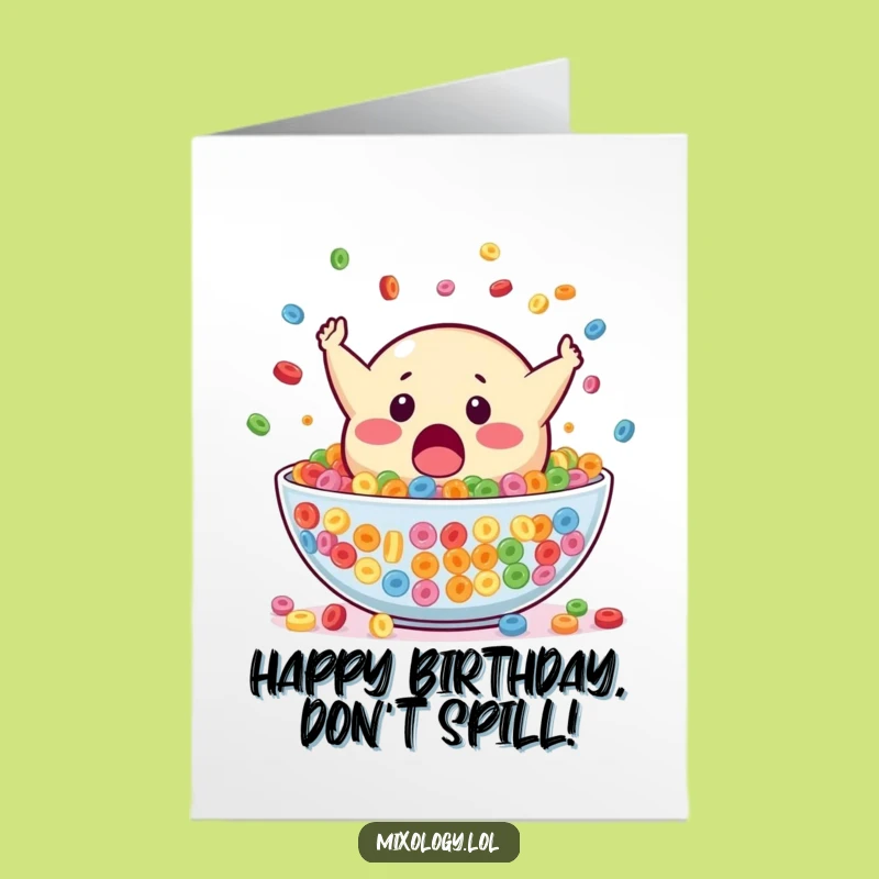 Free Printable Birthday Card: Blob Mascot Diving into Cereal for Fun