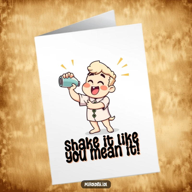 Funny Free Printable Birthday Card: Enthusiastic character vigorously shaking a cocktail mixer with a huge grin, ready to party downloadable.