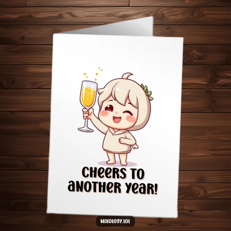 Funny Free Printable Birthday Card: A joyful character raising a toast with a sparkling beverage, celebrating happily, downloadable festive cheer.