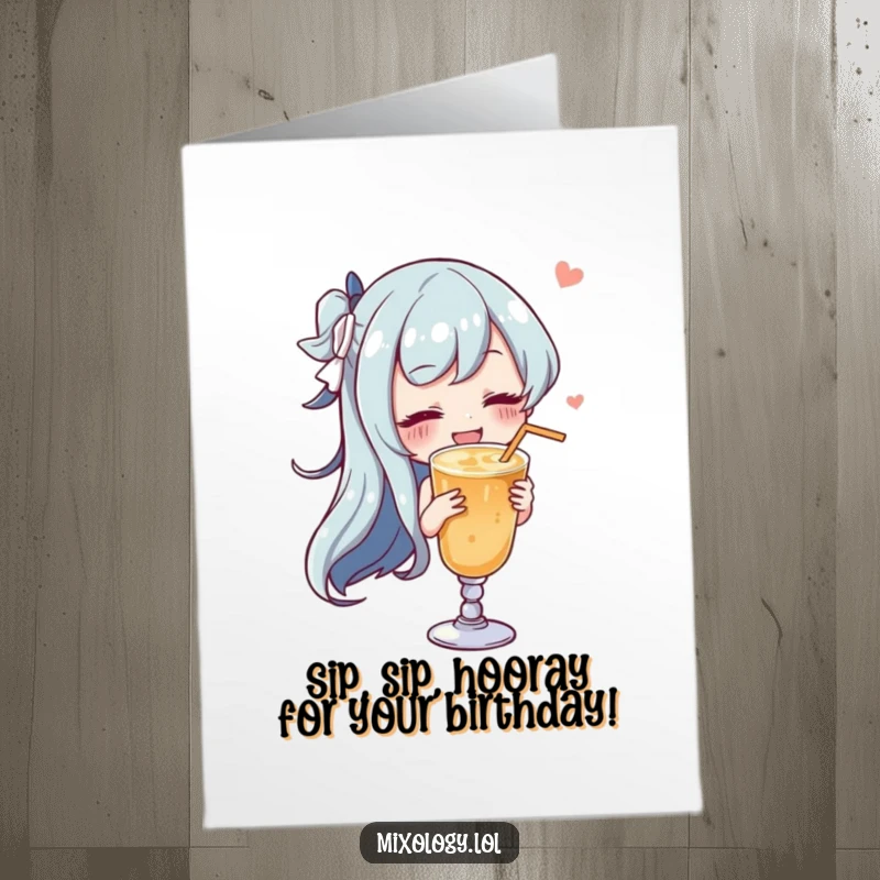 Funny Free Printable Birthday Card: Character gracefully swirling a drink with a satisfied sigh, wishing happy birthday with a relaxed vibe.