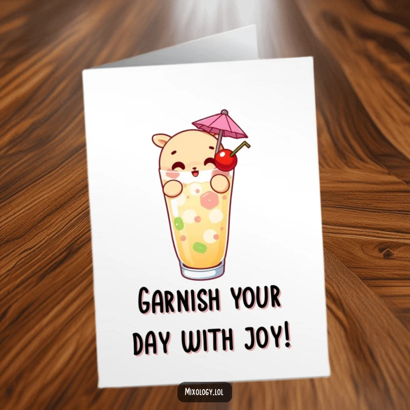 Funny Free Printable Birthday Card: Curious character carefully garnishes a drink with a tiny umbrella and cherry.