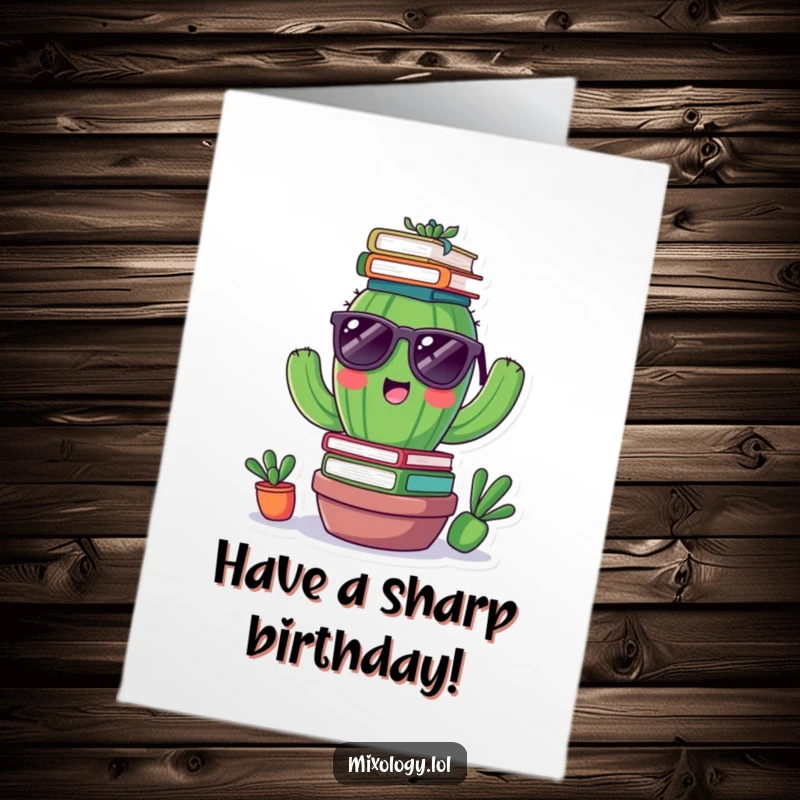 Funny Free Printable Birthday Card: A cheerful cactus with sunglasses balances a stack of books on its head, celebrating knowledge.