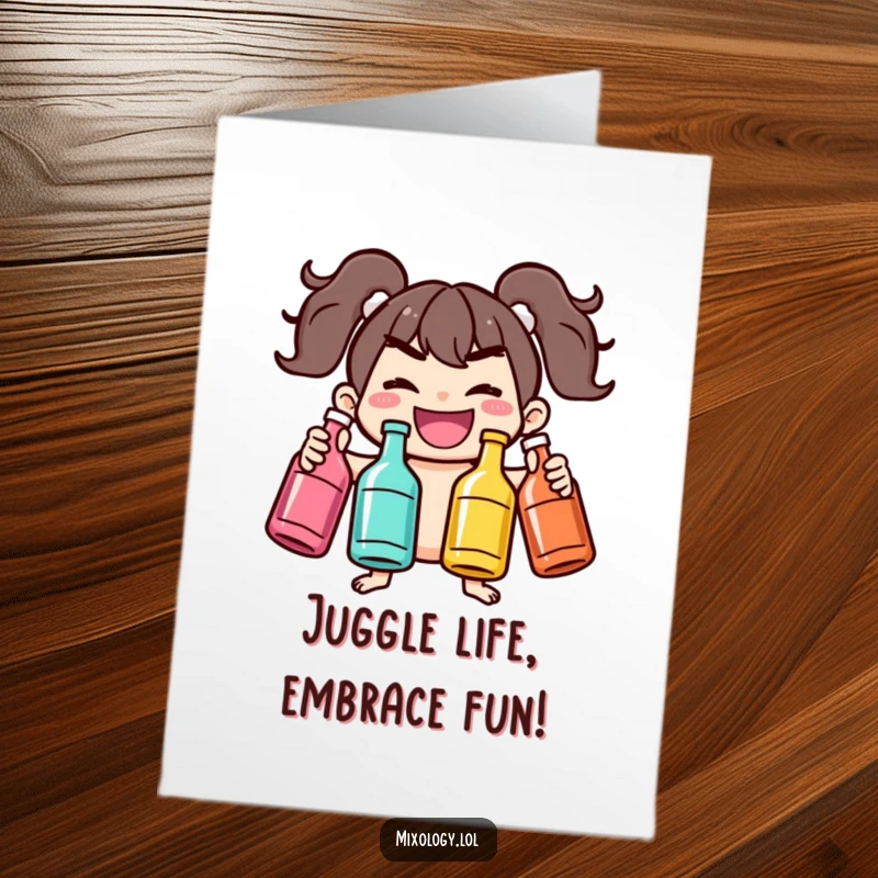 Funny Free Printable Birthday Card: Joyful character with a mischievous grin juggles colorful bottles, celebrating with flair.
