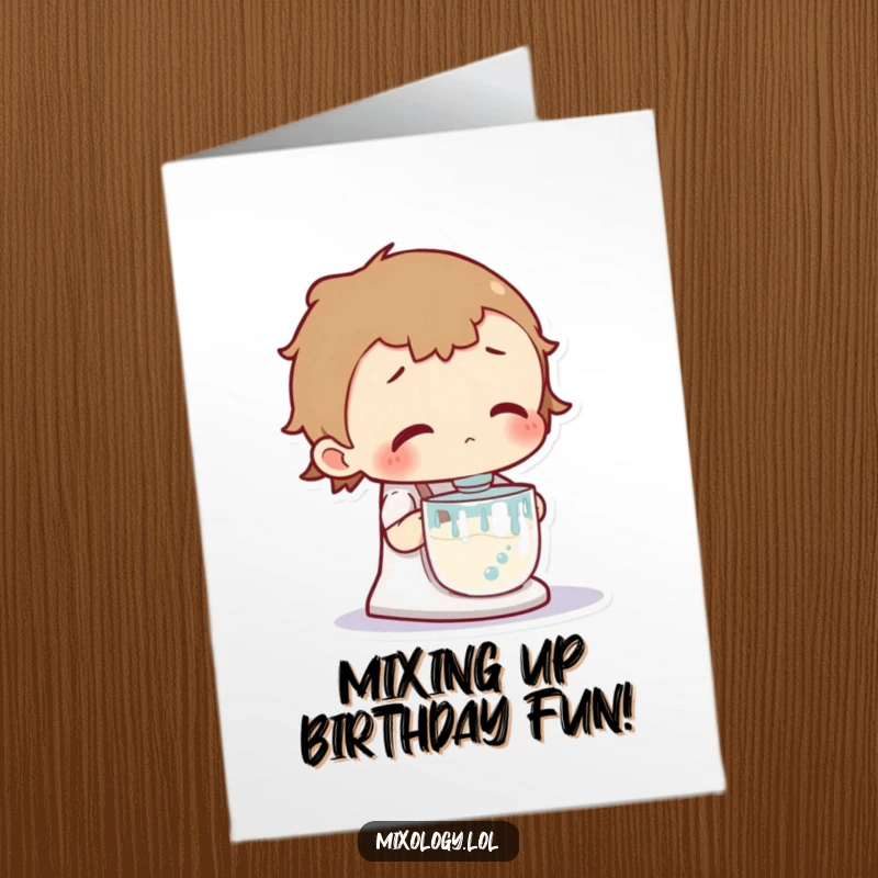 Funny Free Printable Birthday Card: Curious character intently observes a vigorously bubbling mixer, looking fascinated and intrigued.