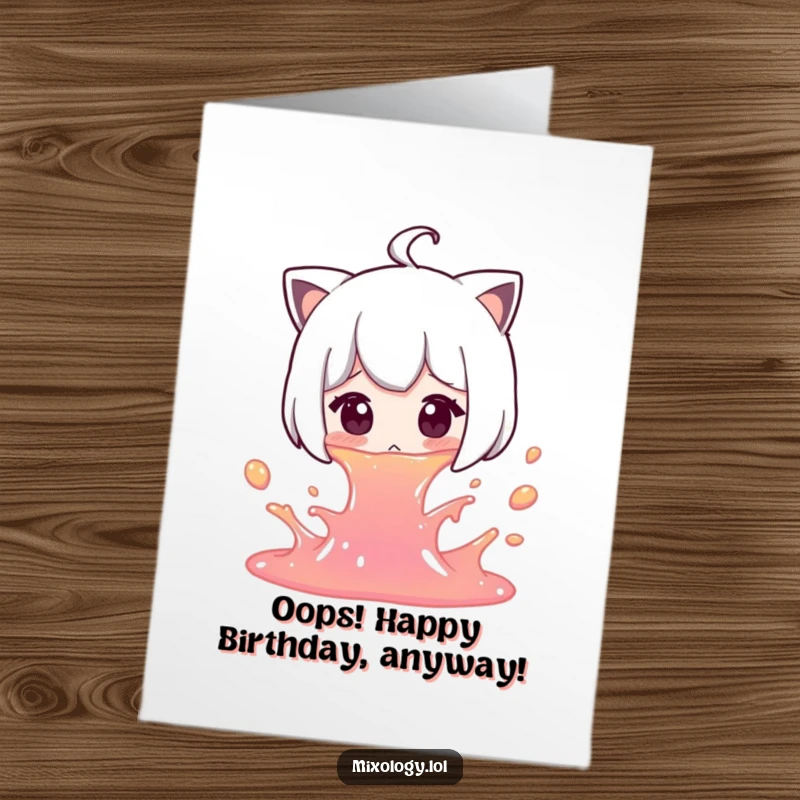 Funny Free Printable Birthday Card: A character gasping in surprise after accidentally spilling a splash of colorful liquid.
