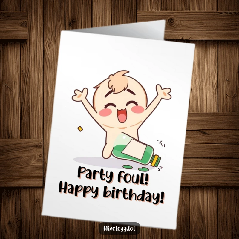 Funny Free Printable Birthday Card: Clumsy character happily flails arms after accidentally knocking over a bottle, causing a cheerful spill.