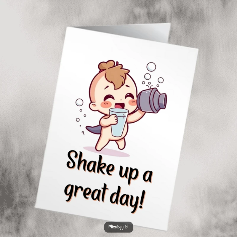 Funny Free Printable Birthday Card: A cute character enthusiastically shakes a cocktail shaker, sending bubbles flying.
