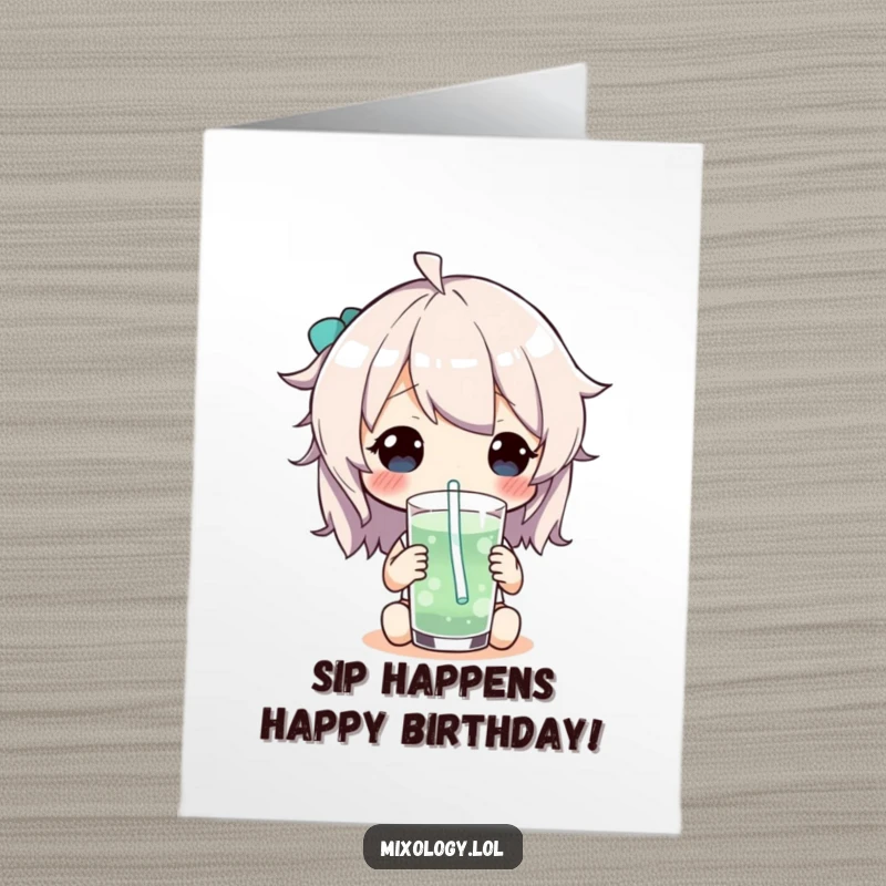 Funny free printable birthday card featuring a character sipping a drink with a whimsical straw, exuding playful joy.