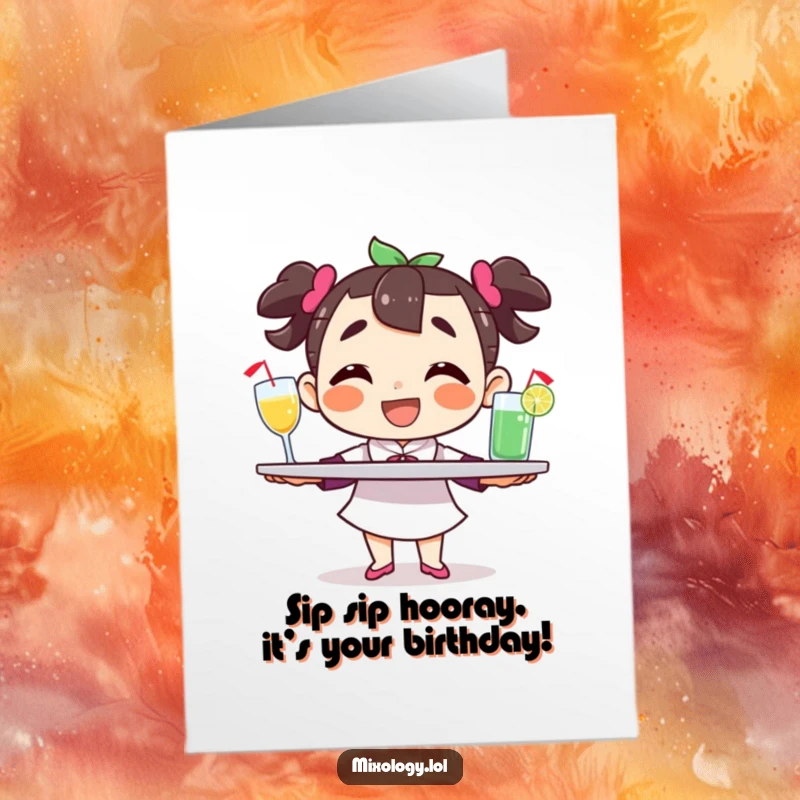 Funny Free Printable Birthday Card: A happy character balances a tray of drinks with a wide grin, ready to serve.