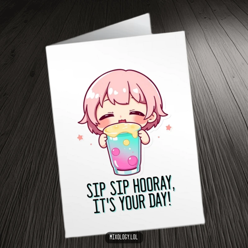 Free Printable Birthday Card: Small character happily sipping a colorful drink with eyes closed in delight.