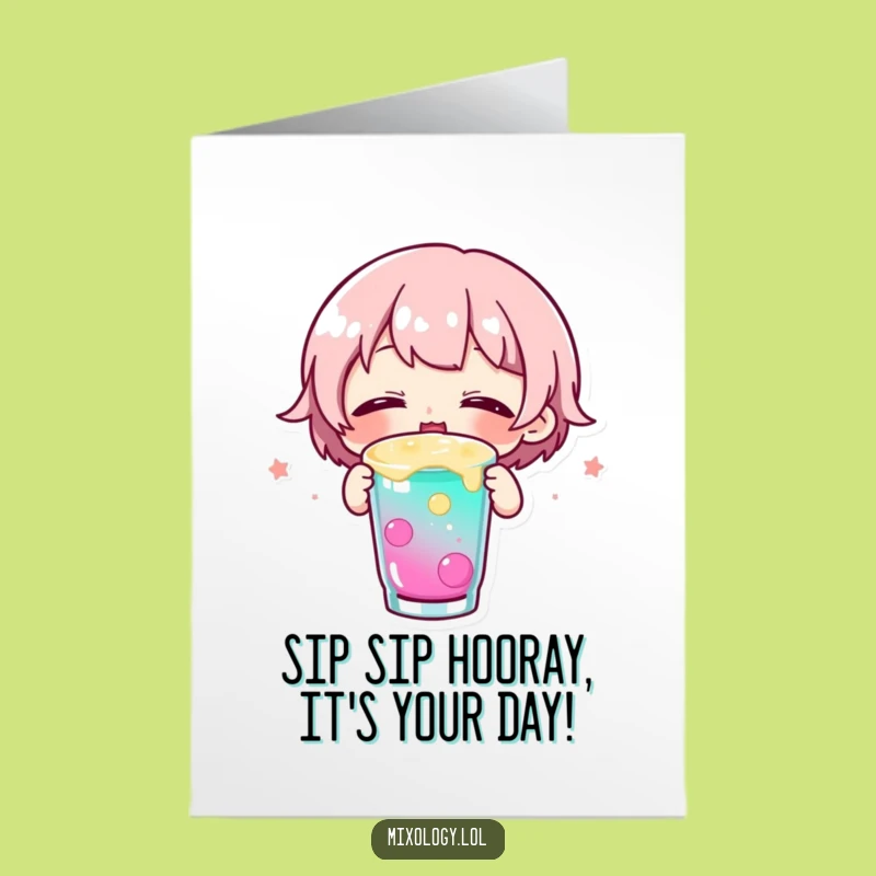 Free Printable Birthday Card: Joyful Sipping Character, Happy Closed Eyes Gift