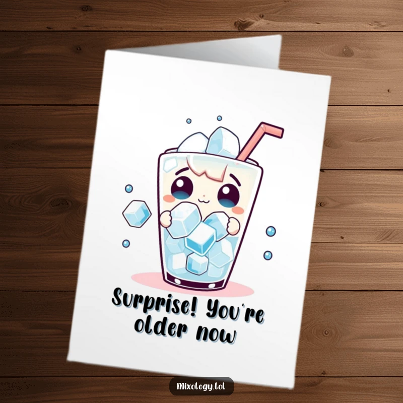 Funny Free Printable Birthday Card: Playful character with wide eyes, surprised by dancing ice cubes in their drink, downloadable surprise.