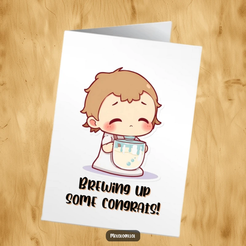 Funny Free Printable Congrats Card: Curious character peers intently at a bubbling mixer, exploring a new creation with wonder.