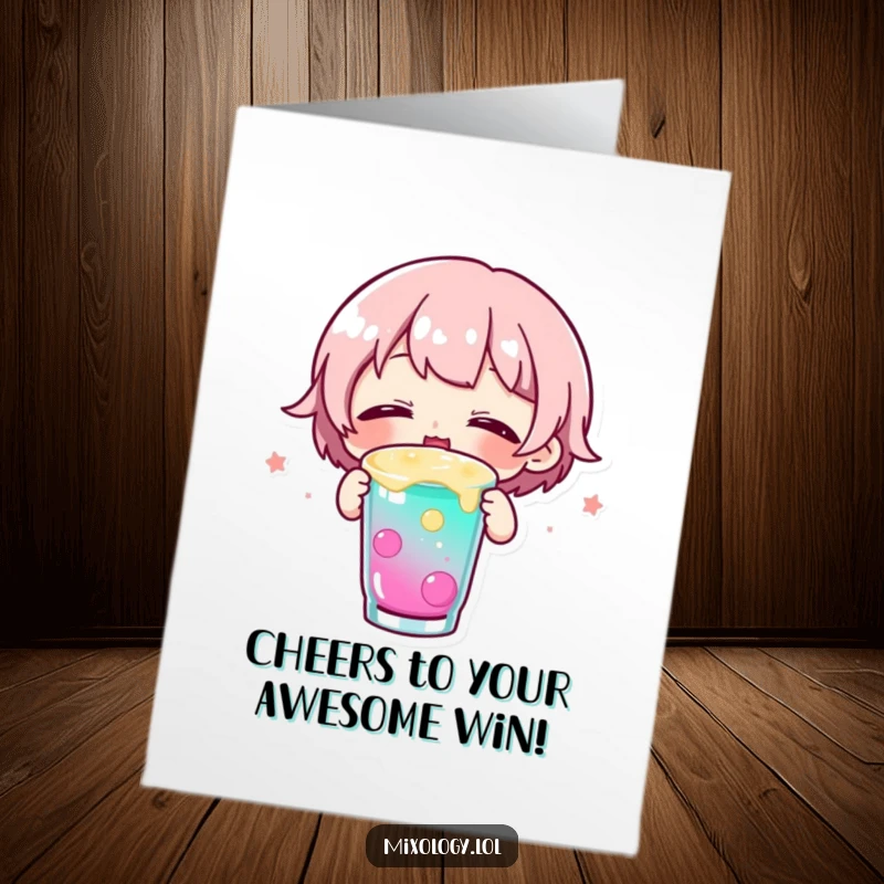 Free Printable Congrats Card: Small character excitedly sipping a colorful drink with pure joy and closed eyes.