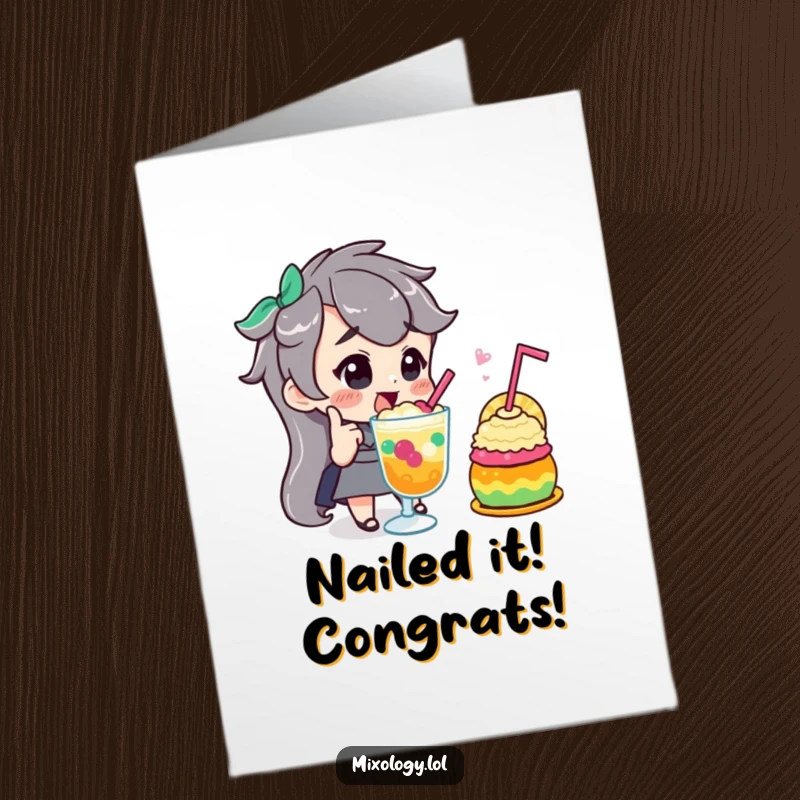 Funny Free Printable Congrats Card: Confident character proudly nods while admiring a vibrant, colorful, celebratory concoction.