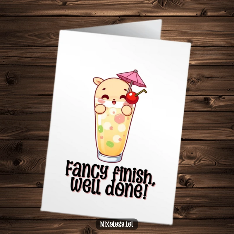 Funny Free Printable Congrats Card: Character curiously garnishes a drink with an umbrella and cherry, celebrating an achievement.