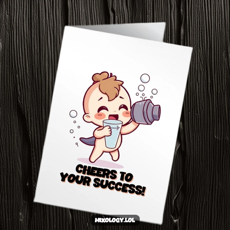 Funny Free Printable Congratulations Card: A character joyfully shakes a cocktail shaker, showering success in frothy bubbles.