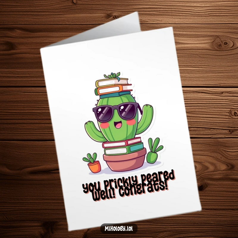 Funny Free Printable Congratulations Card: A cheerful cactus wearing sunglasses comically balances a tall stack of books on its head.