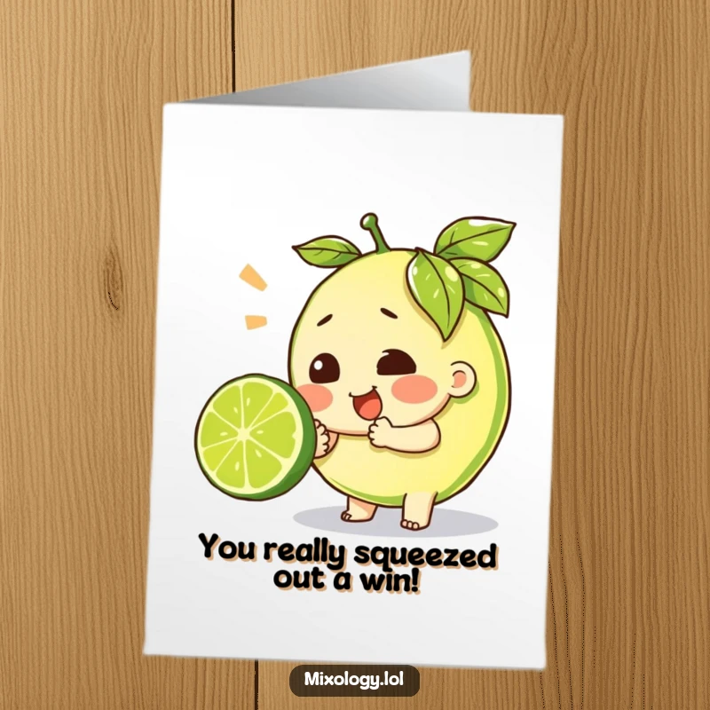 Funny Free Printable congratulations card of a character exerting great effort to squeeze a lime. Downloadable achievement art.