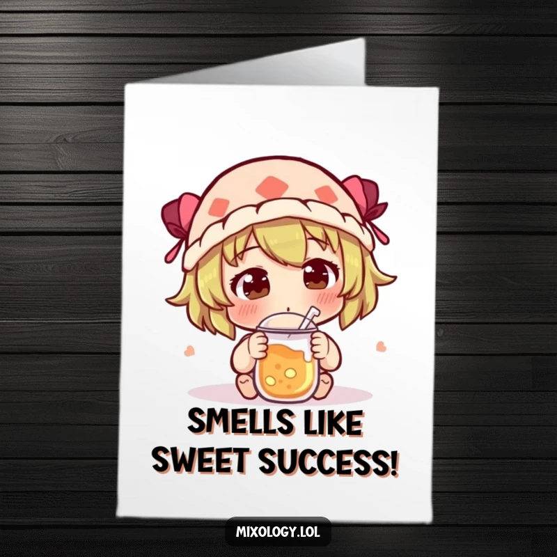 Funny Free Printable Congratulations Card of a character curiously sniffing a new concoction with an expression of intense intrigue.