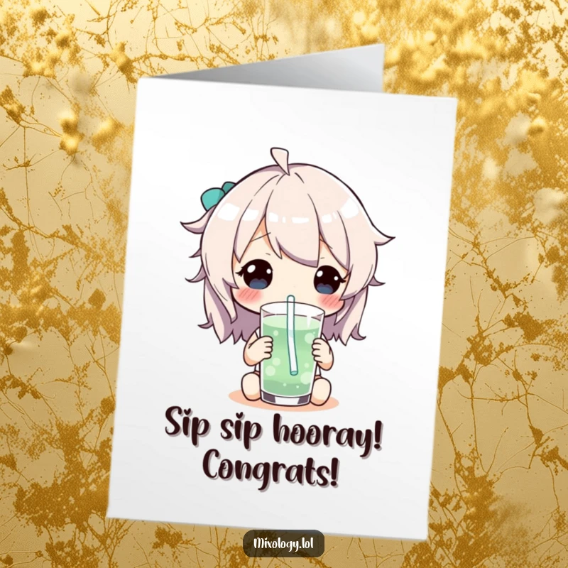 Funny free printable congratulations card showing a character enjoying a drink with a silly straw, celebrating success.