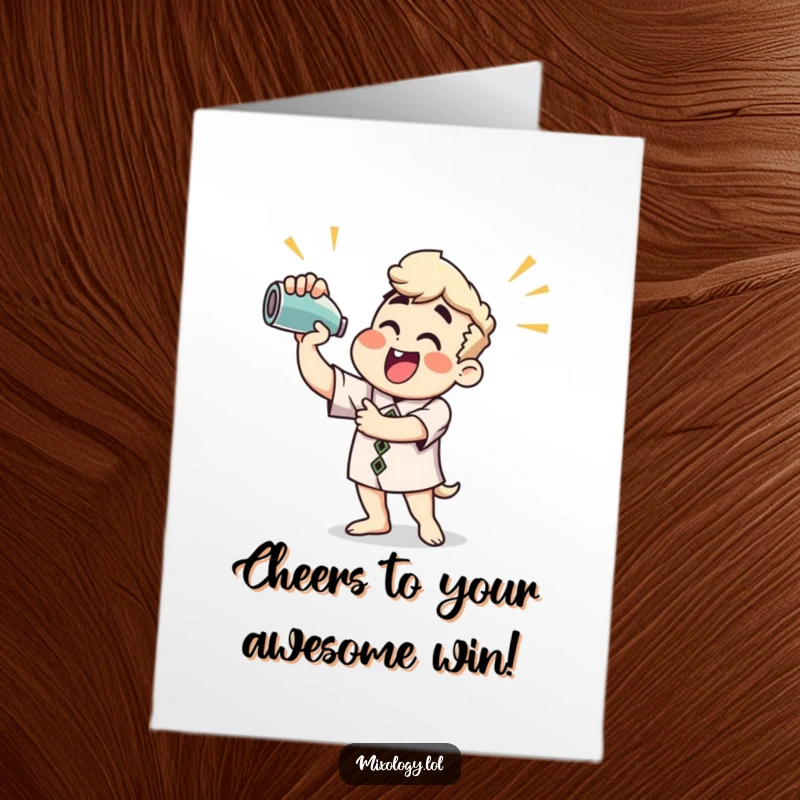 Funny Free Printable Congrats Card: Enthusiastic character celebrating with a vigorously shaken cocktail mixer, perfect for any win downloadable.
