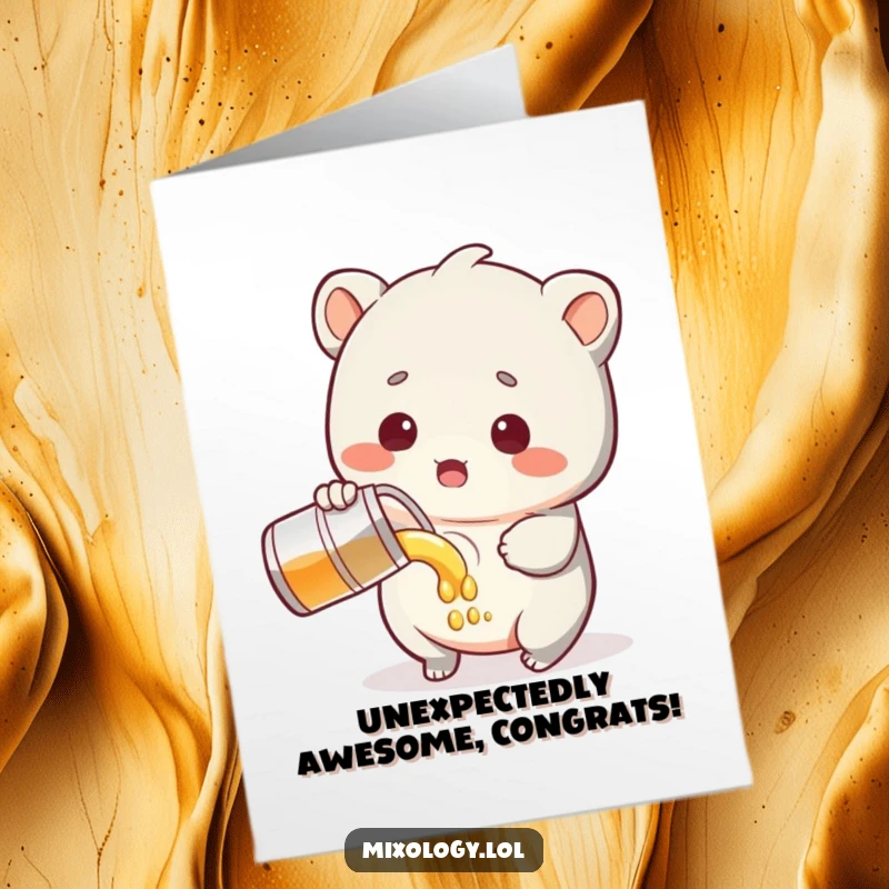 Funny Free Printable Congrats Card: A sweet creature has a surprised look while pouring liquid, celebrating your big win!