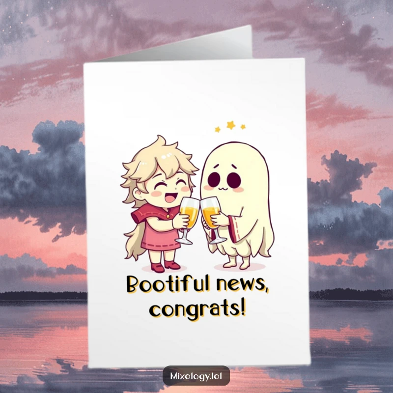 Funny Free Printable Congratulations Card: Character clinking glasses with a smiling ghost, celebrating a shared victory with joy.