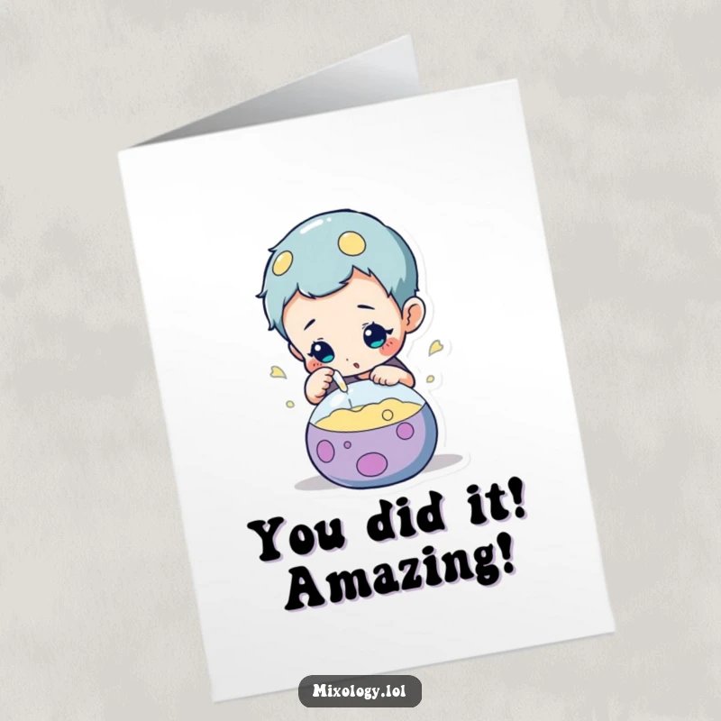 Funny Free Printable Congratulatory Card: Enthusiastic scientist character examining a glowing, bubbling concoction with wide-eyed wonder.