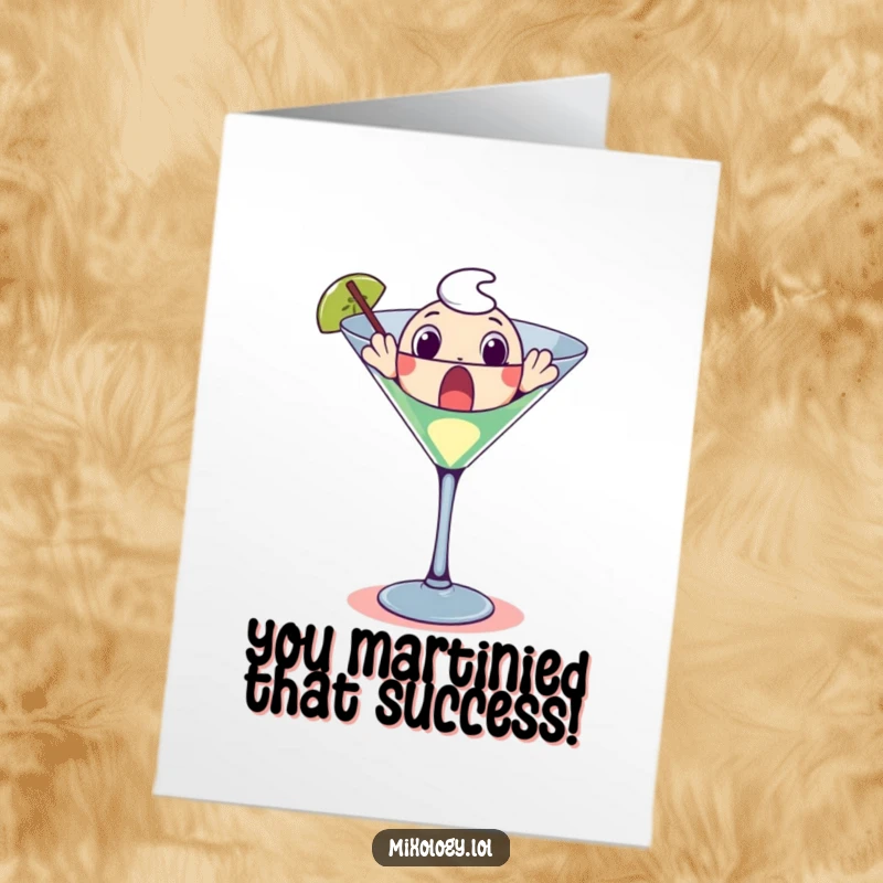 Funny free printable congratulations card: A character comically appears from a large martini glass, looking surprised and ready to celebrate.