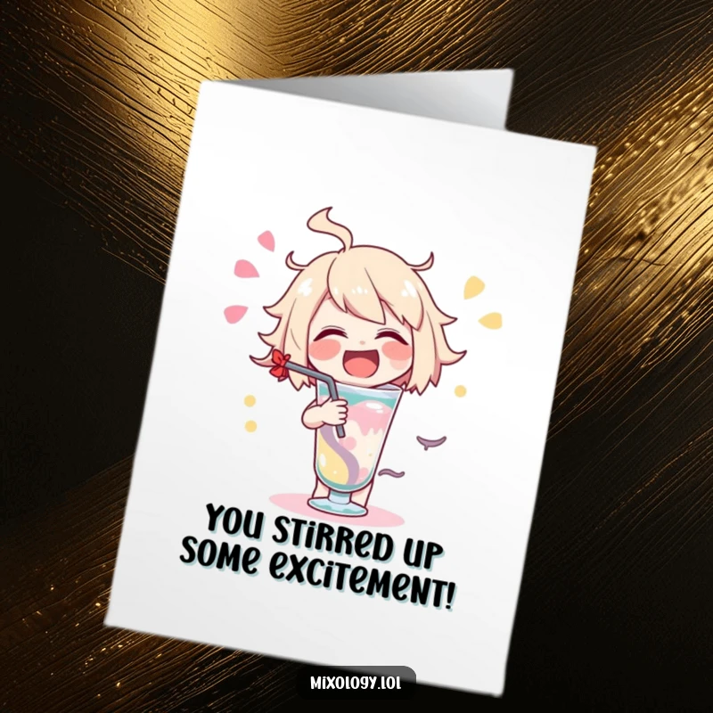 Funny Free Printable Congratulations Card: Character enthusiastically swirling a drink, celebrating a momentous achievement.