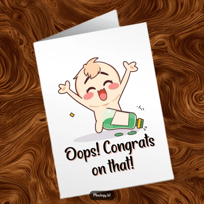Funny Free Printable Congrats Card: Delightfully clumsy character accidentally knocks over a bottle, arms flailing joyfully mid-spill.