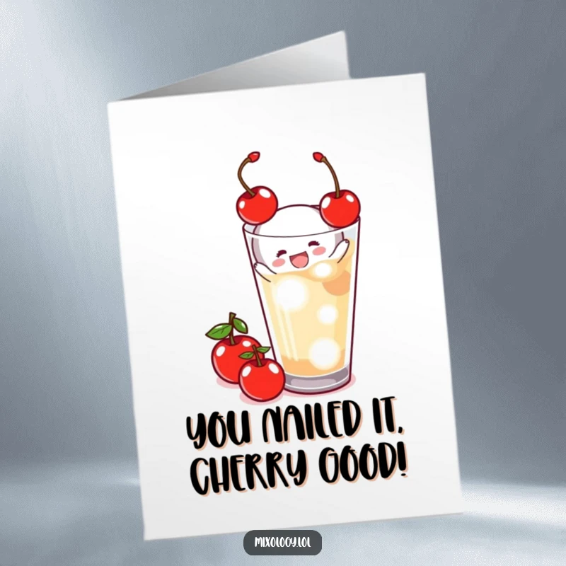 Funny Free Printable Congrats Card: Tiny figure happily garnishes a drink, ready to toast your success with a cherry.