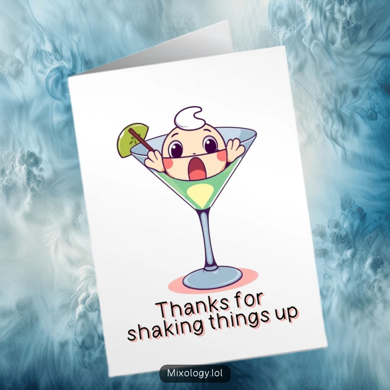 Funny free printable thank you card: A character comically emerges from a giant martini glass with a startled expression, conveying surprise thanks.