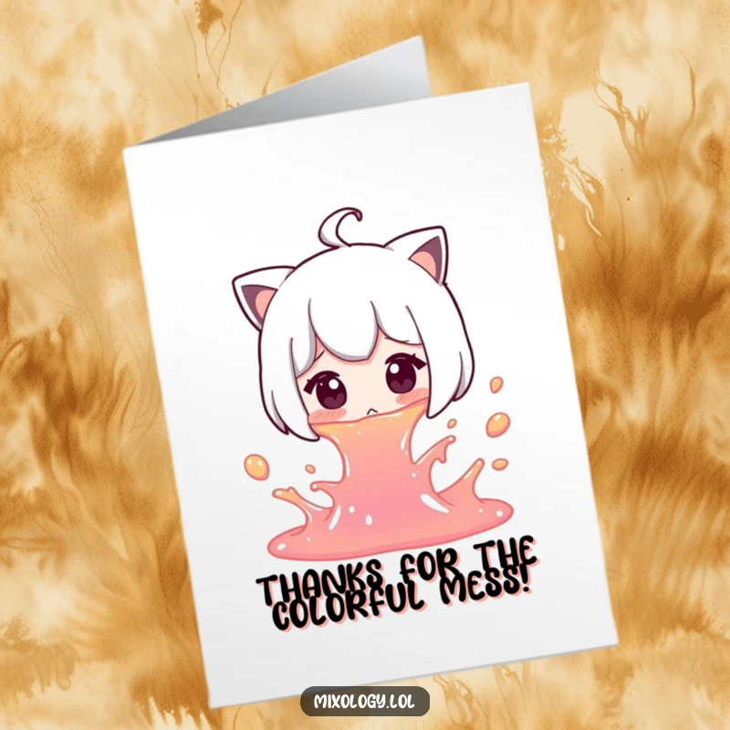 Funny Free Printable Thank You Card: A surprised character after spilling colorful liquid, offering thanks with humor.