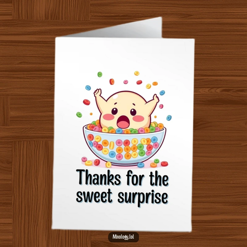 Funny Free Printable Thank You Card: A surprised blob mascot dives headfirst into a bowl of colorful cereal, sending thanks.