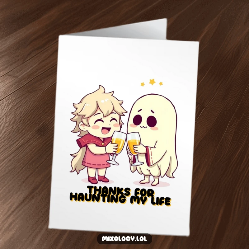 Funny Free Printable Thank You Card: Character sharing a toast with a friendly ghost, expressing gratitude with a joyful clink.