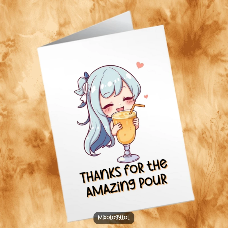 Funny Free Printable Thank You Card: Character gracefully swirling a drink with a happy sigh, expressing thanks with relaxed contentment.