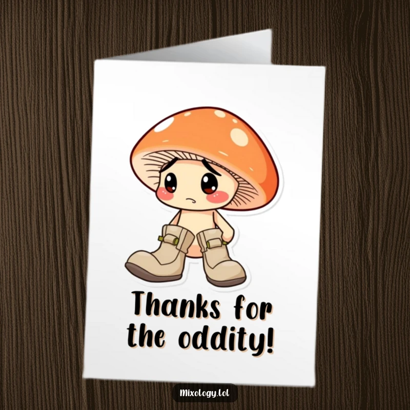Funny Free Printable Thank You Card: A mushroom character looking confused about its two different colored boots.