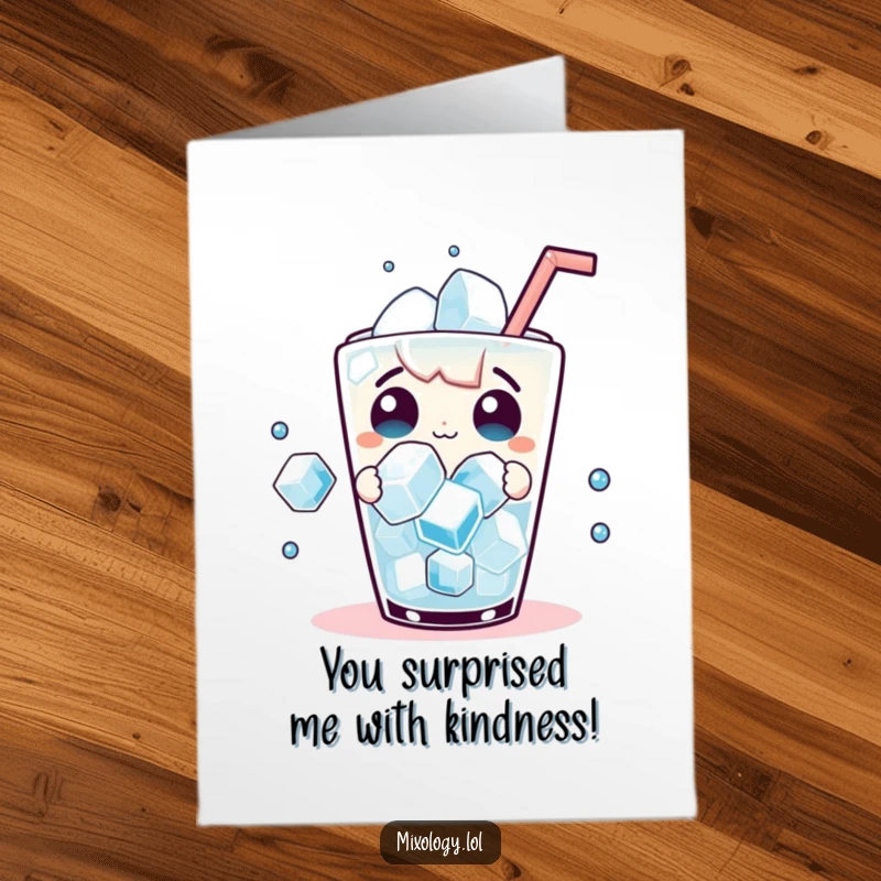 Funny Free Printable Thank You Card: A surprised character watches dancing ice cubes in a drink, expressing thanks with downloadable charm.