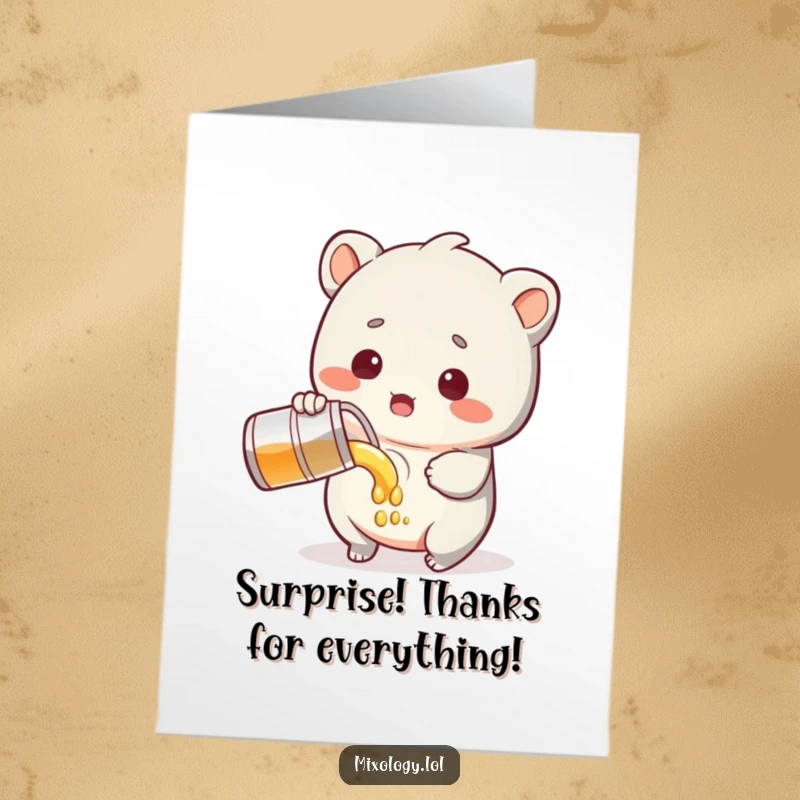 Funny Free Printable Thank You Card: A sweet creature pours a liquid with a comical surprised expression, saying thank you!
