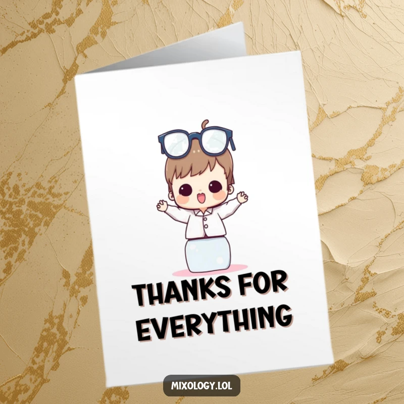 Funny free printable thank you card featuring a character balancing a precarious tower of glasses, a playful expression of gratitude.