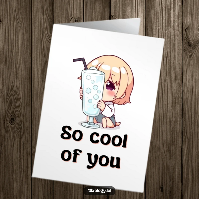 Funny free printable thank you card depicting a character with immense delight at a perfectly chilled glass, conveying thanks warmly.