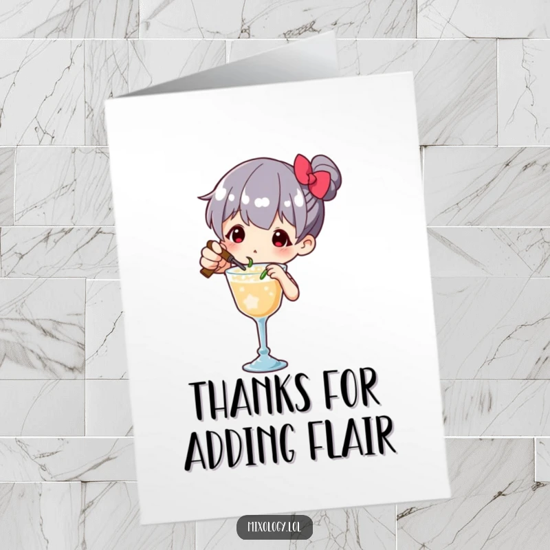 Funny Free Printable Thank You Card of a bartender precisely garnishing a drink with a tiny, elegant flourish.