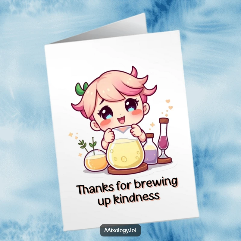 Funny Free Printable Thank You Card: Character delighted as ingredients combine magically in a beaker, offering thanks with a cheerful expression.