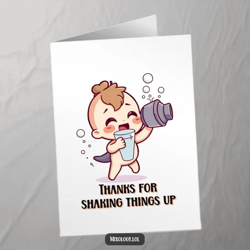 Funny Free Printable Thank You Card: A character excitedly shakes a cocktail shaker, releasing a cascade of thankful bubbles.
