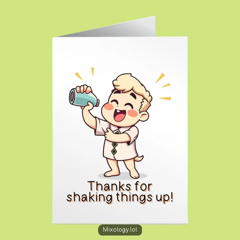 Free Printable Thank You Card: Shaking Cocktail Mixer, Enthusiastic Character, Grateful Downloadable